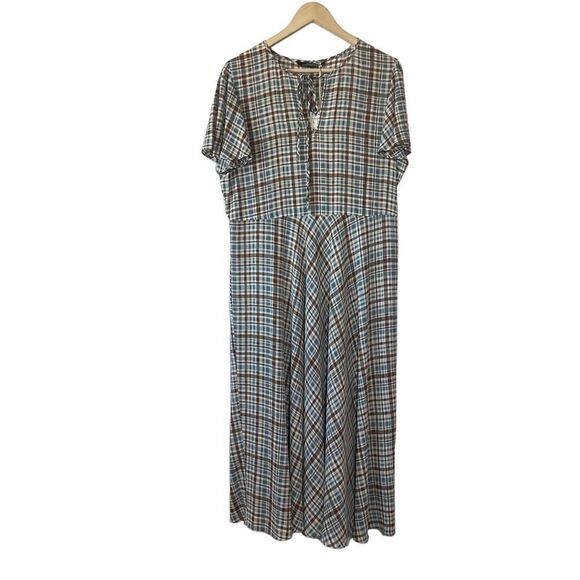 Zara Woman The Long Check Brown Plaid Flutter Sleeve Dress Sz L - Picture 5 of 11
